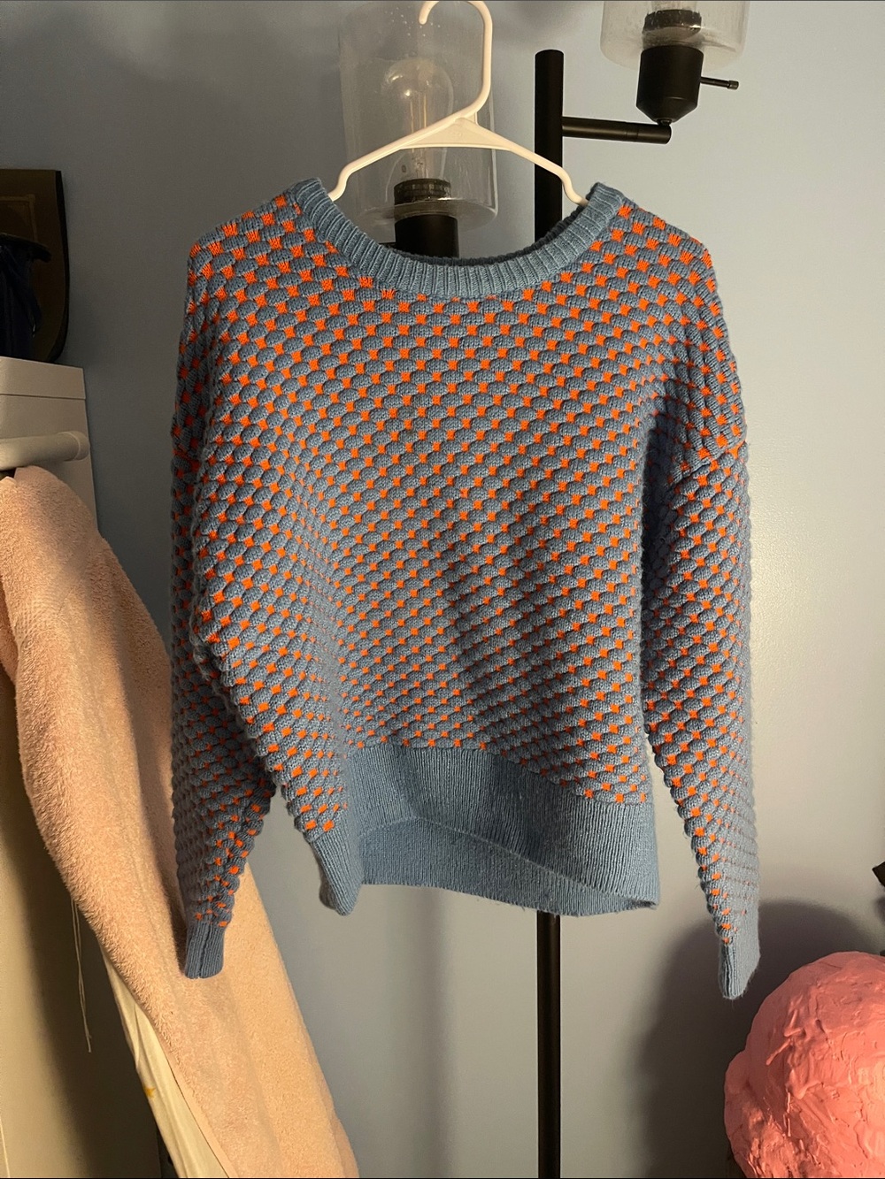 H&M Blue and Orange Crewneck Textured Knit Sweater